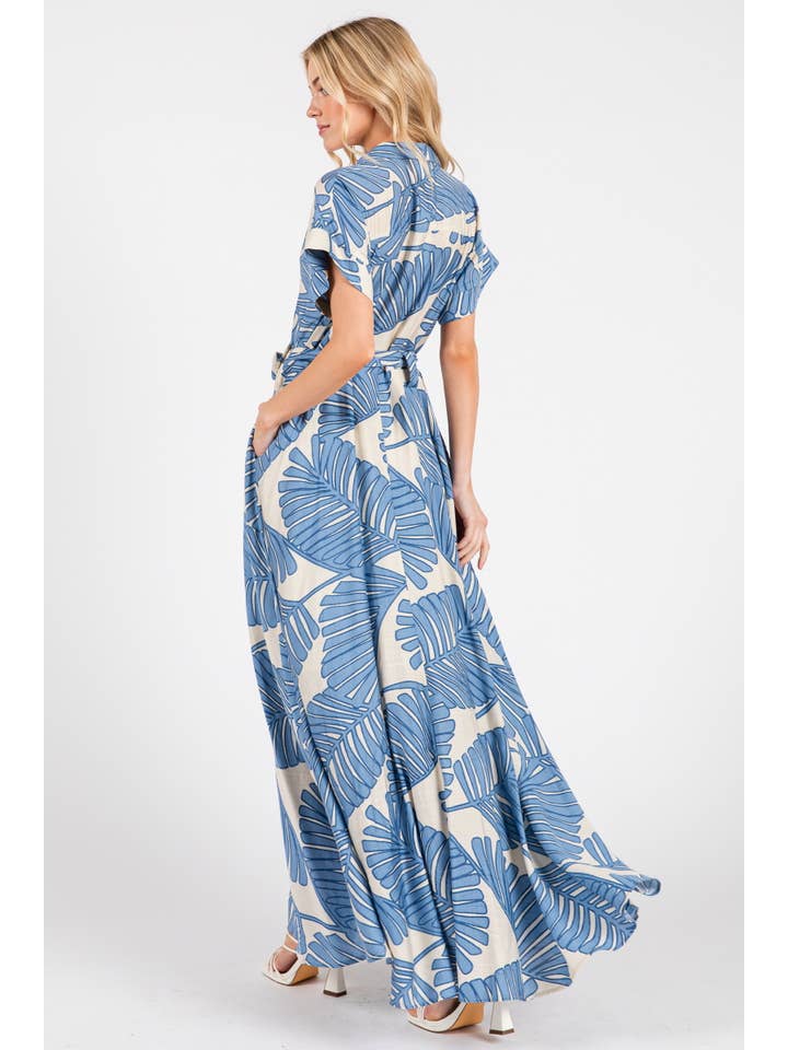 B I G H I T Fashion - Wholesale Dress - Women's - Palm Print Short Sleeve Button-Down Maxi Dress HD3020-BLUE11