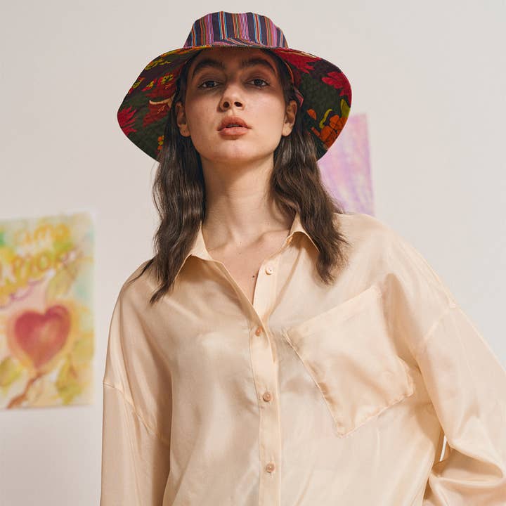 FRIDA x LOST PATTERN "Frida's Garden" Cotton Reversible Sun Hat - Green for wholesale on Faire5