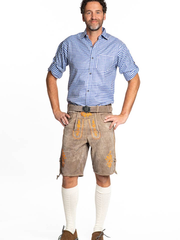 Lederhose Gaudi Kort Brun/ Orange - Festkostume for engroshandel hos Partychimp