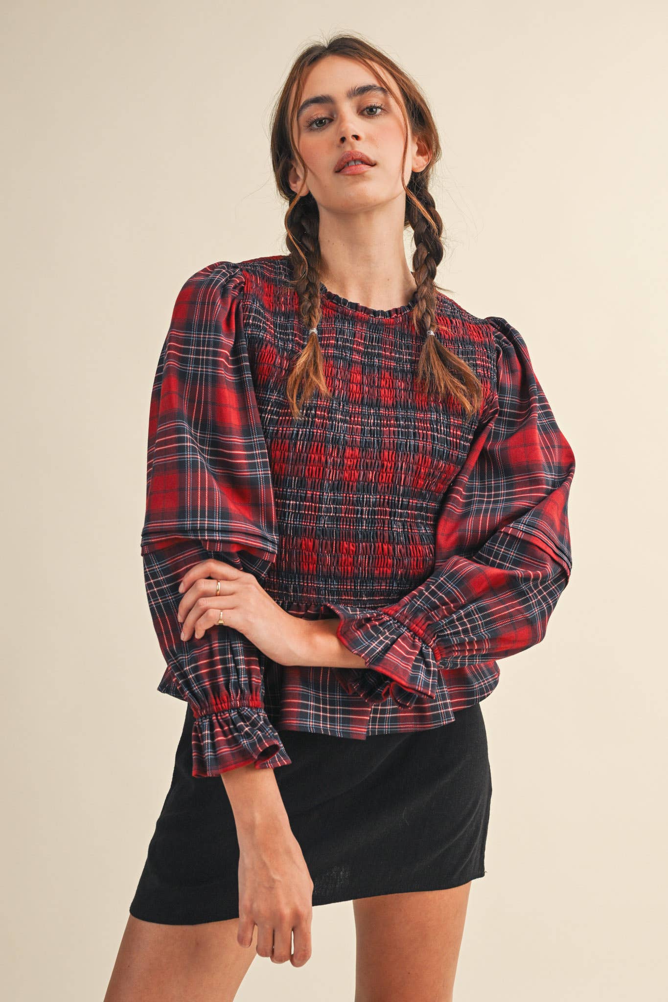 SMOCKED PLAID PUFF SLEEVE PEPLUM TOP MTP4192 for wholesale on Faire12