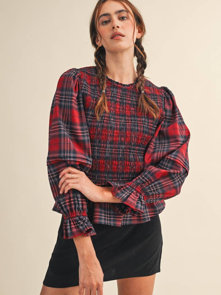 SMOCKED PLAID PUFF SLEEVE PEPLUM TOP MTP4192 for wholesale on Faire12