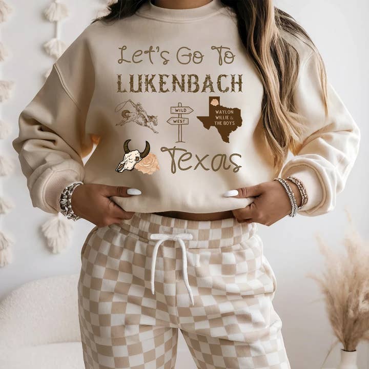 Let’s Go To Lukenbach Texas Western Graphic Tee for wholesale by The Longhorn Hippie Co./Rustic Ink DTF Transfers