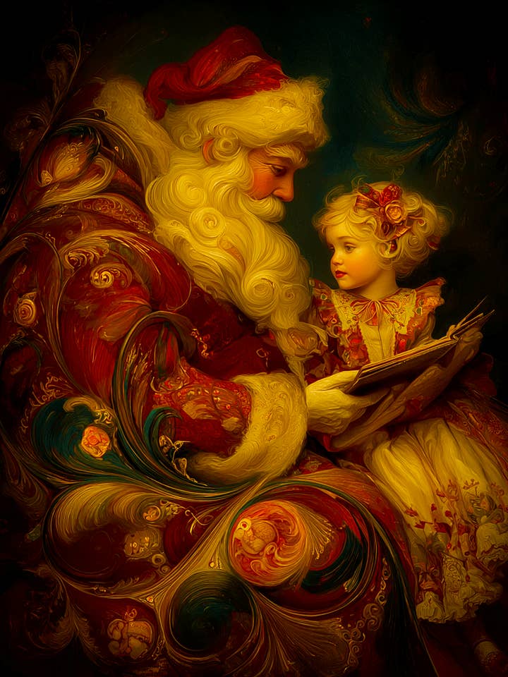 Impresión de arte navideño de Papá Noel Vintage Nouveau con niño - Obra de arte de 8"x10" para venta al por mayor de Mowbi