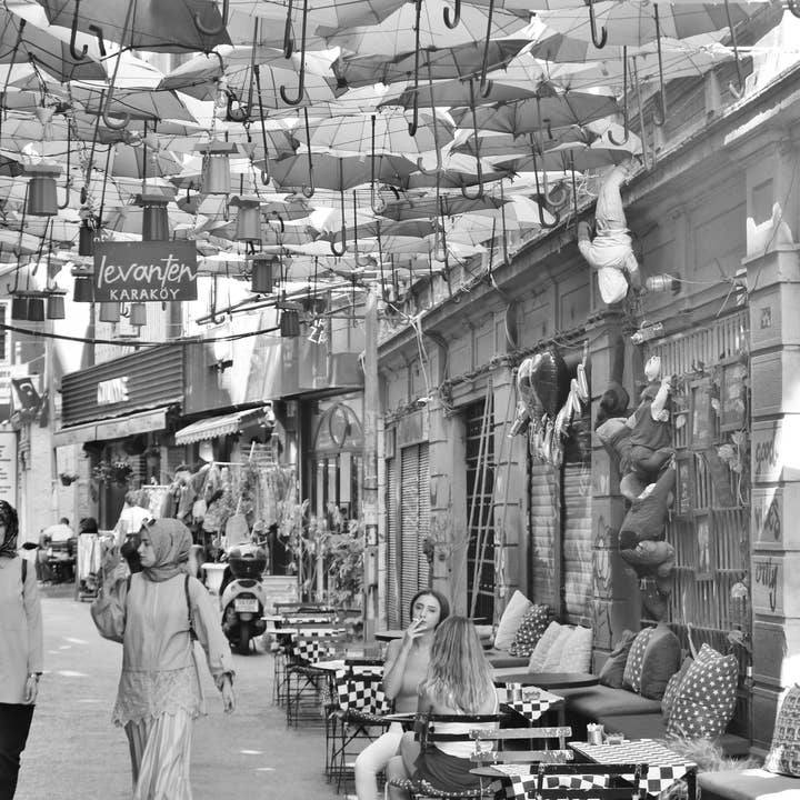 Istanbul Umbrellas Street Karakoy Black And White Photography Print for wholesale by Mo & Paul Photography