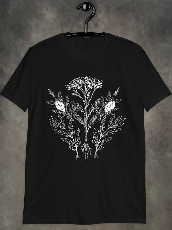 T-shirt unisex da uomo in cristallo Yarrow and Sage Botanical nera per la vendita all'ingrosso da parte di SOVRIN