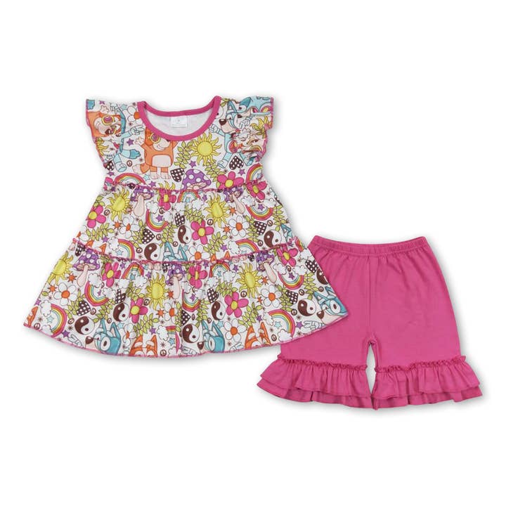 Sun rainbow floral dogs kids girls summer set for wholesale by Yawoo Garments