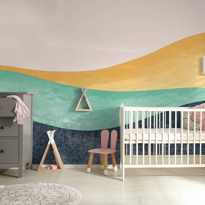 Papier peint aquarelle montagne pour chambre d'enfant, fresque murale douce et neutre pour la vente par SimurgWallArts