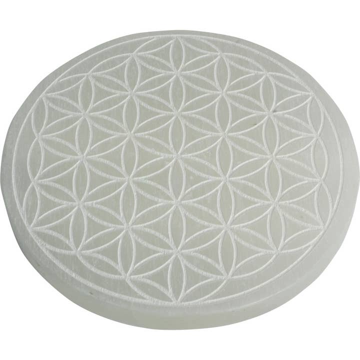 Polished Selenite Charging Disk w/ Flower of Life - Large for wholesale by Kheops International