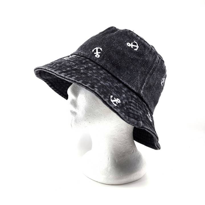 Hatzzi - Wholesale Bucket Hat - Women's - Anchor Embroidered Washed Denim Bucket Hat