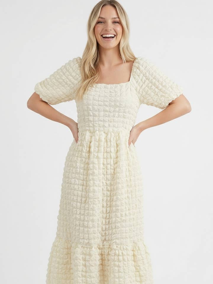 SQUARE NECK BUBBLE TEXTURED MIDI DRESS for wholesale by Kori America