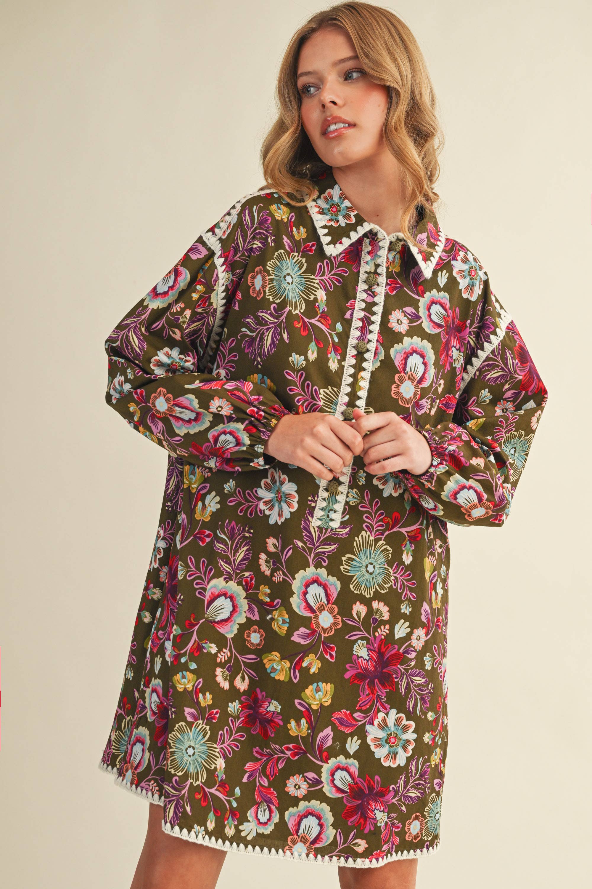 &MERCI - Wholesale Dress - Women's - EXCLUSIVE PRINT BLANKET STITCH BUTTONED MINI DRESS MDR429817