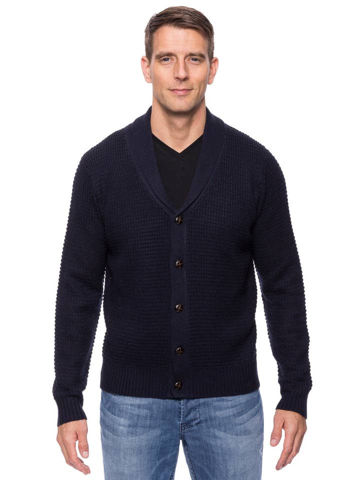 Cardigan de gola de xale de mistura de lã em ponto de waffle - marinho por atacado de Tocco Reale