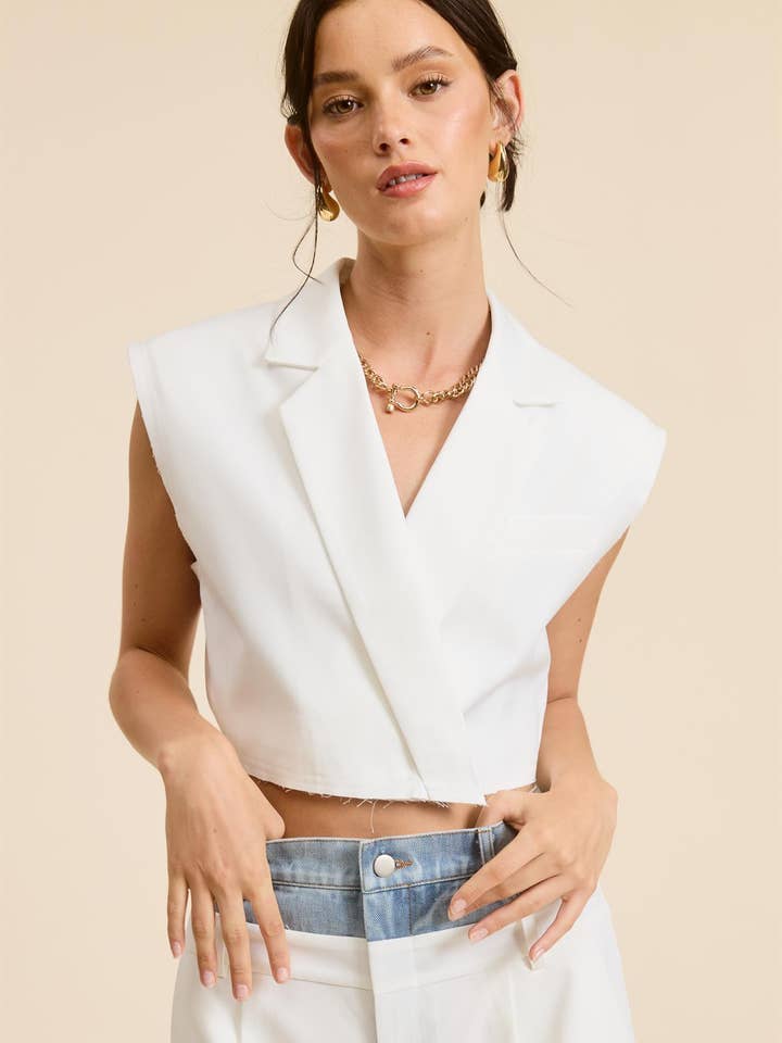 Mimosa - Wholesale Outerwear Vest - Women's - Cropped Collared Vest with Raw Hem8