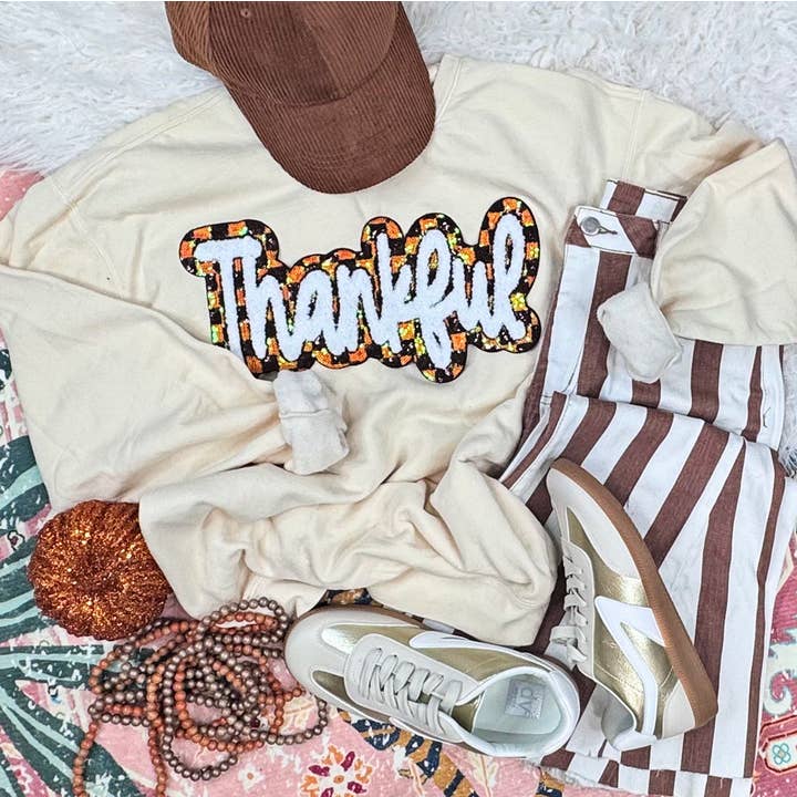 Trendy Transfers - Wholesale Patch - Thankful Checkered Sequins and Chenille Patch1