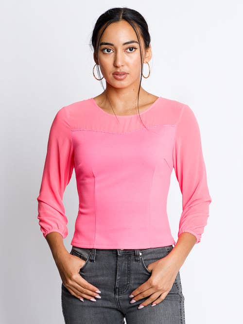 Top met ronde hals en 3/4 mouwen, doorschijnende halslijn en mouwen (L90371/118920) voor wholesale door Wholesale Fashion Couture