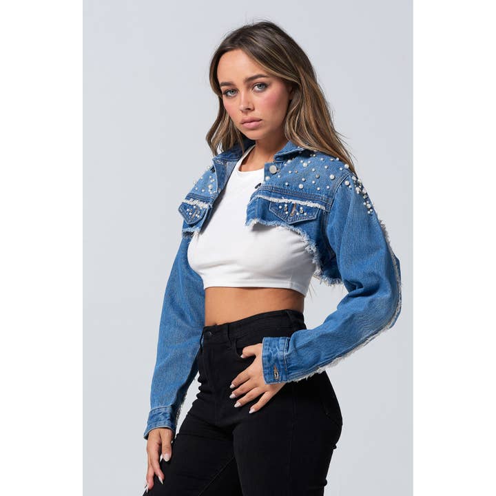 Blue Turtle - Wholesale Denim Jacket - Women's - Diamond Pearl and Rhinestone Super Crop Denim Jacket Light JK220714
