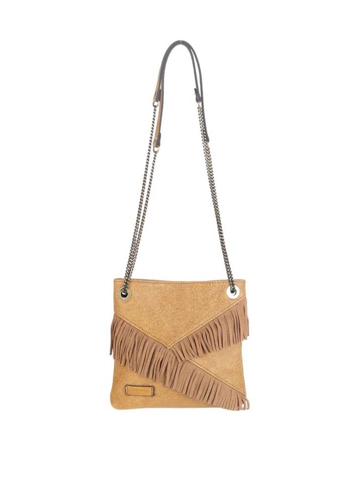 URBAN ANIS CROSSBODY BAG P.U. LEATHER AND CAMEL SUEDE FRINGES for wholesale by Volum Bags
