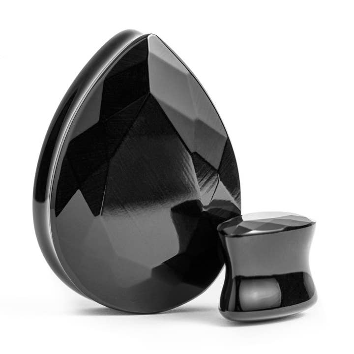 Plug /Medidor de vidro em forma de lágrima de obsidiana com facetas pretas por atacado de Custom Plugs