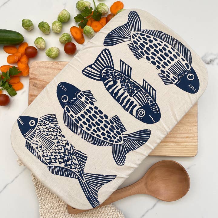 Spaza Home UK - Wholesale Food Storage Wrap/Bag - Dish Cover Rectangle Fish Print | Breathable Casserole Cover