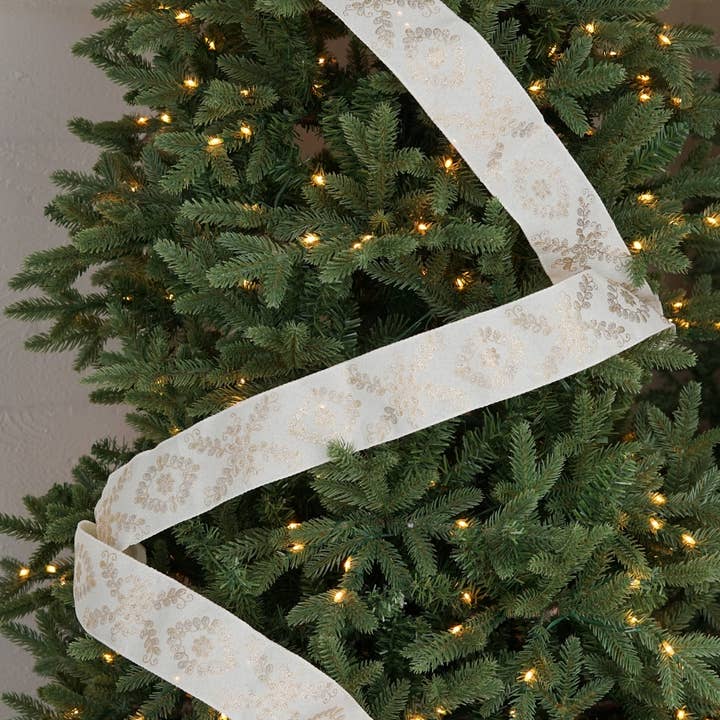 Holiday Depot Inc. - Wholesale Ribbon - Gift Wrapping - R32928-Wired Ribbon-Cream Burlap w. golden leaves (2.5inW)