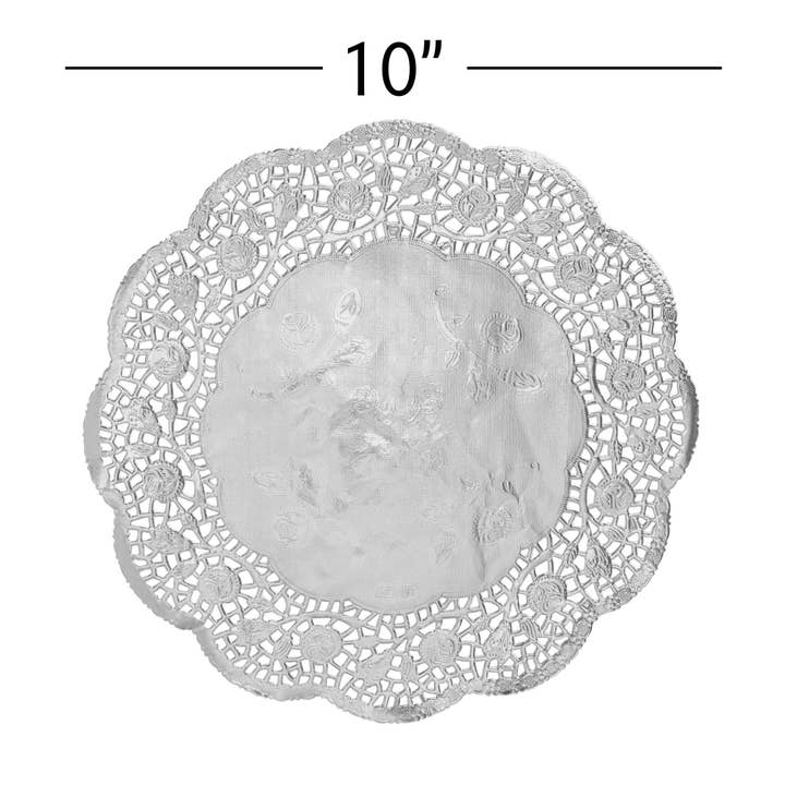 Round Lace Metallic Paper Doilies 10" - Set of 100 - Silver for wholesale on Faire
