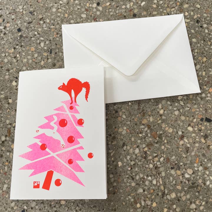 VrijFormaat - Wholesale Christmas Card - Christmas card - Catmas Tree - riso print pink/red