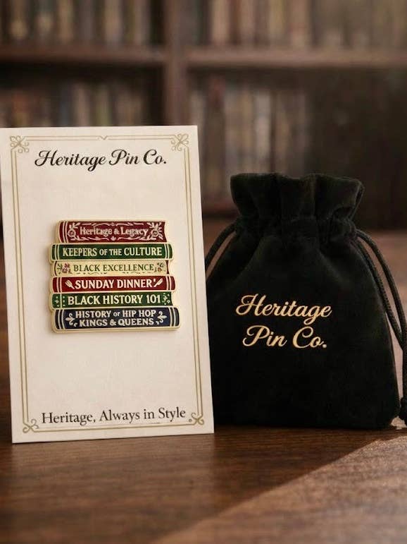 Library of Legacy – Stacked Books Pin (Hard Enamel, Gold Accents) for wholesale by Heritage Pin Co.
