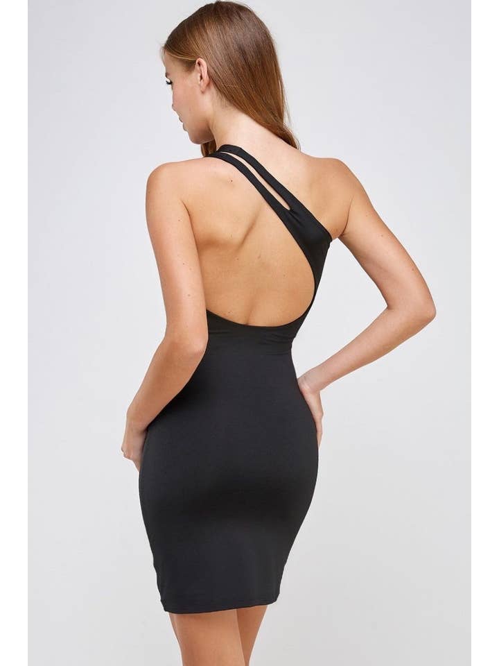 Black One Shoulder Open Back Cocktail Dress (Black) for wholesale on Faire2