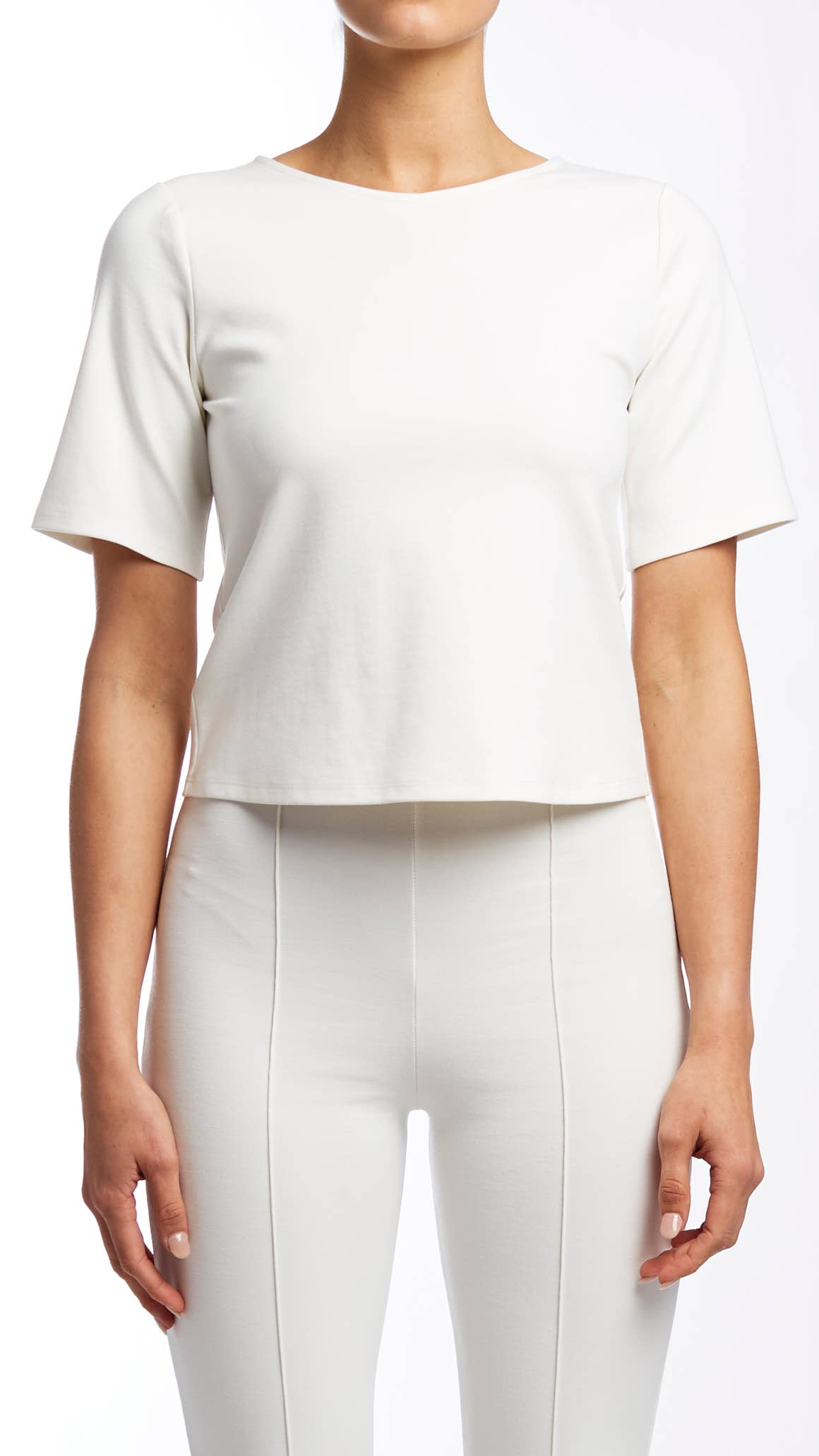 Ripley Rader - Wholesale Knit Top - Women's - White Ponte Knit Short Sleeve Extended Tee0