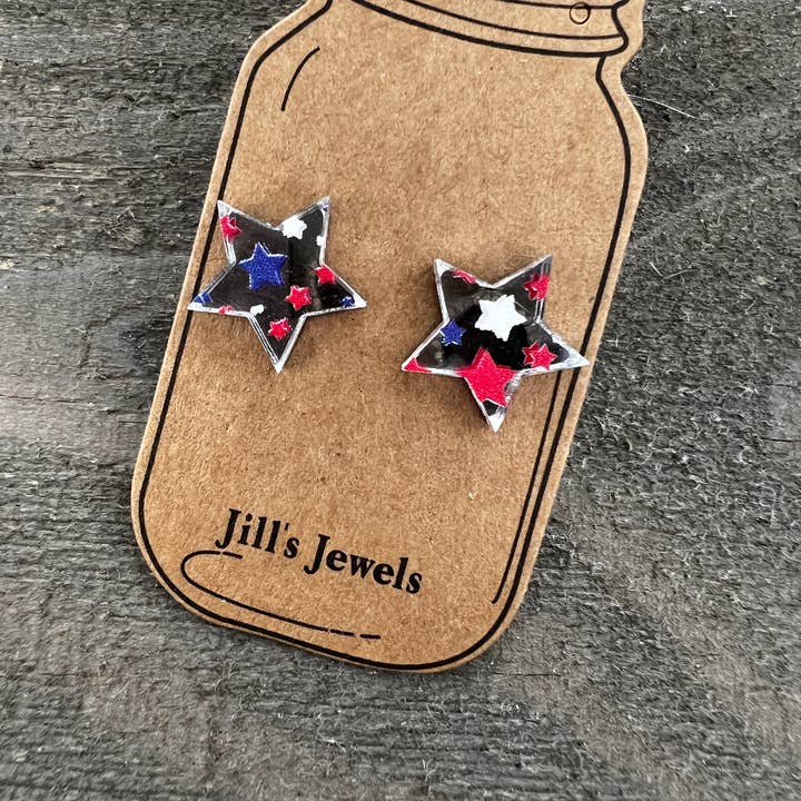Star Red White and Blue USA Mirror Acrylic Stud Earrings for wholesale by Jill's Jewels