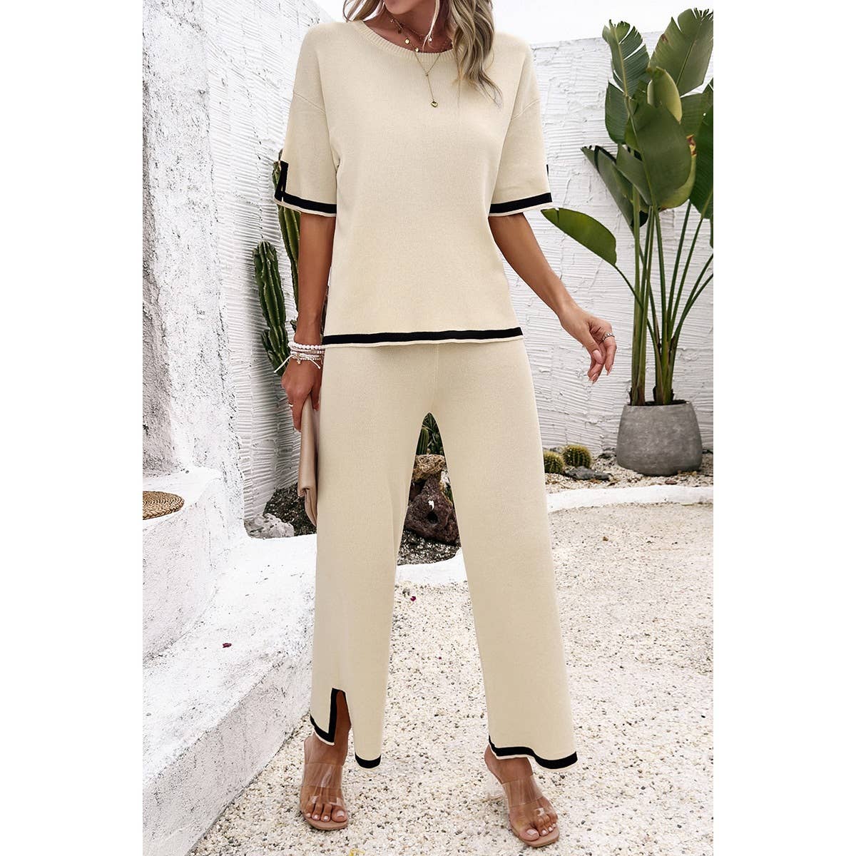 Supreme Fashion - Wholesale Top & Pant Set (NOT Loungewear) - Women's - Two Pieces Outfits Knit Short Sleeve Wide Leg Lounge Sets1