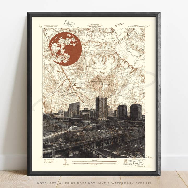 Virginie | Impression artistique de la ligne d'horizon de Richmond RVA sur carte topographique pour la vente par T. Shaw Designs