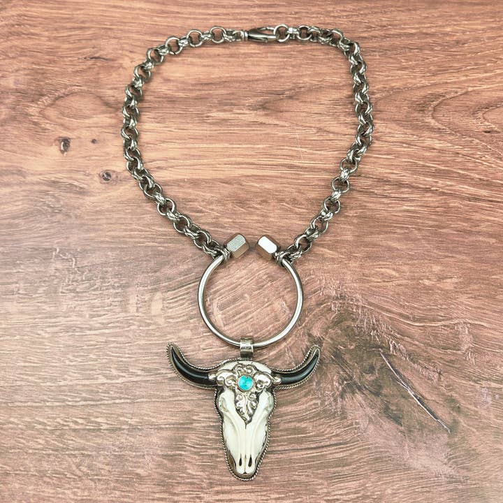 Tibetan Bone Longhorn Pendant with Turq Drop Chain Necklace for wholesale by ZINC Designs