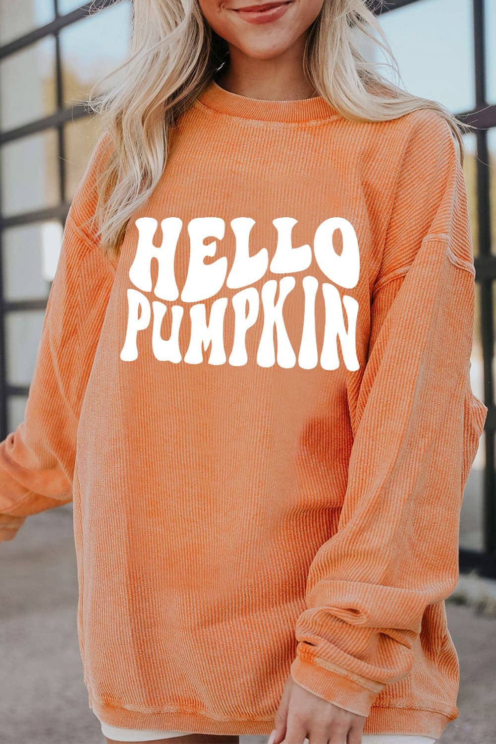 The Loki Shop - Vendita all'ingrosso Felpa stampata - Donna - Felpa cordata arancione con scritta Hello Pumpkin1