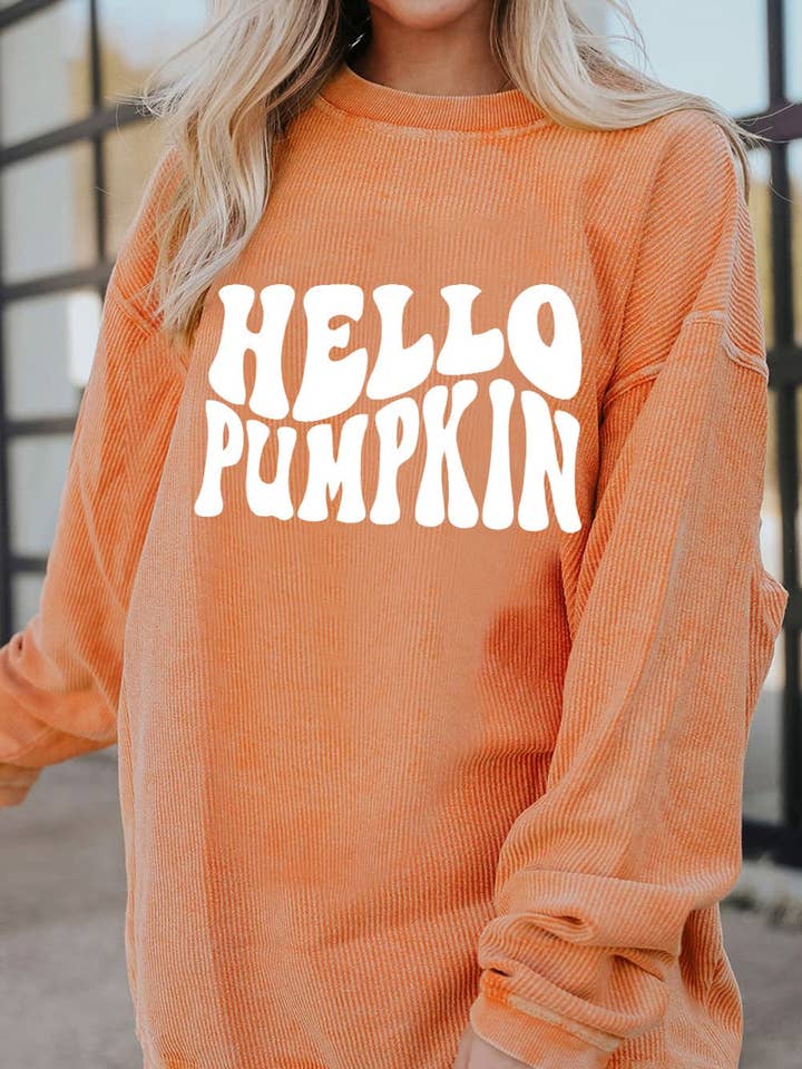 The Loki Shop - Wholesale Graphic Sweatshirt - Women's - Hello Pumpkin Corded Sweatshirt In Orange1