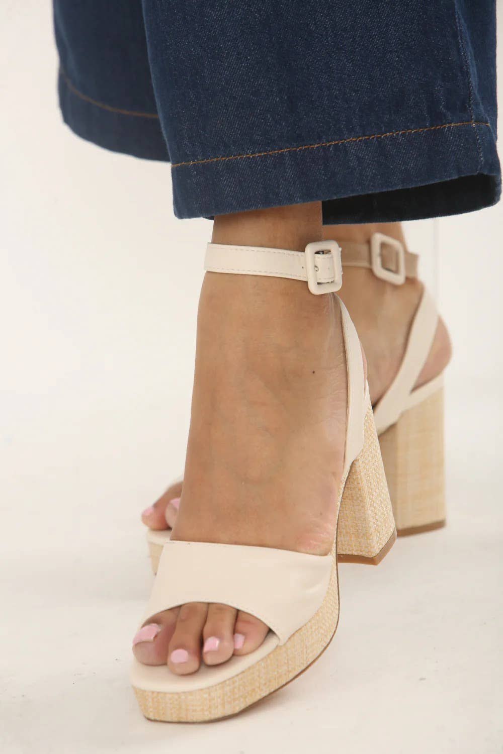 CREAM LOW PLATFORM RAFFIA BLOCK HEELS for wholesale on Faire4