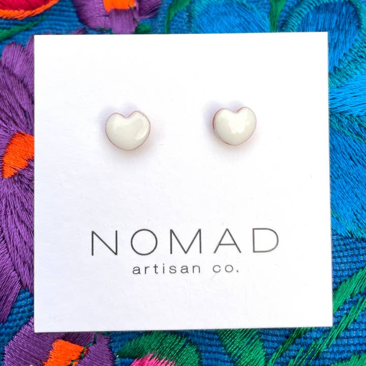 Mini Candy Heart White Ceramic Post Earrings for wholesale by Nomad Artisan Company