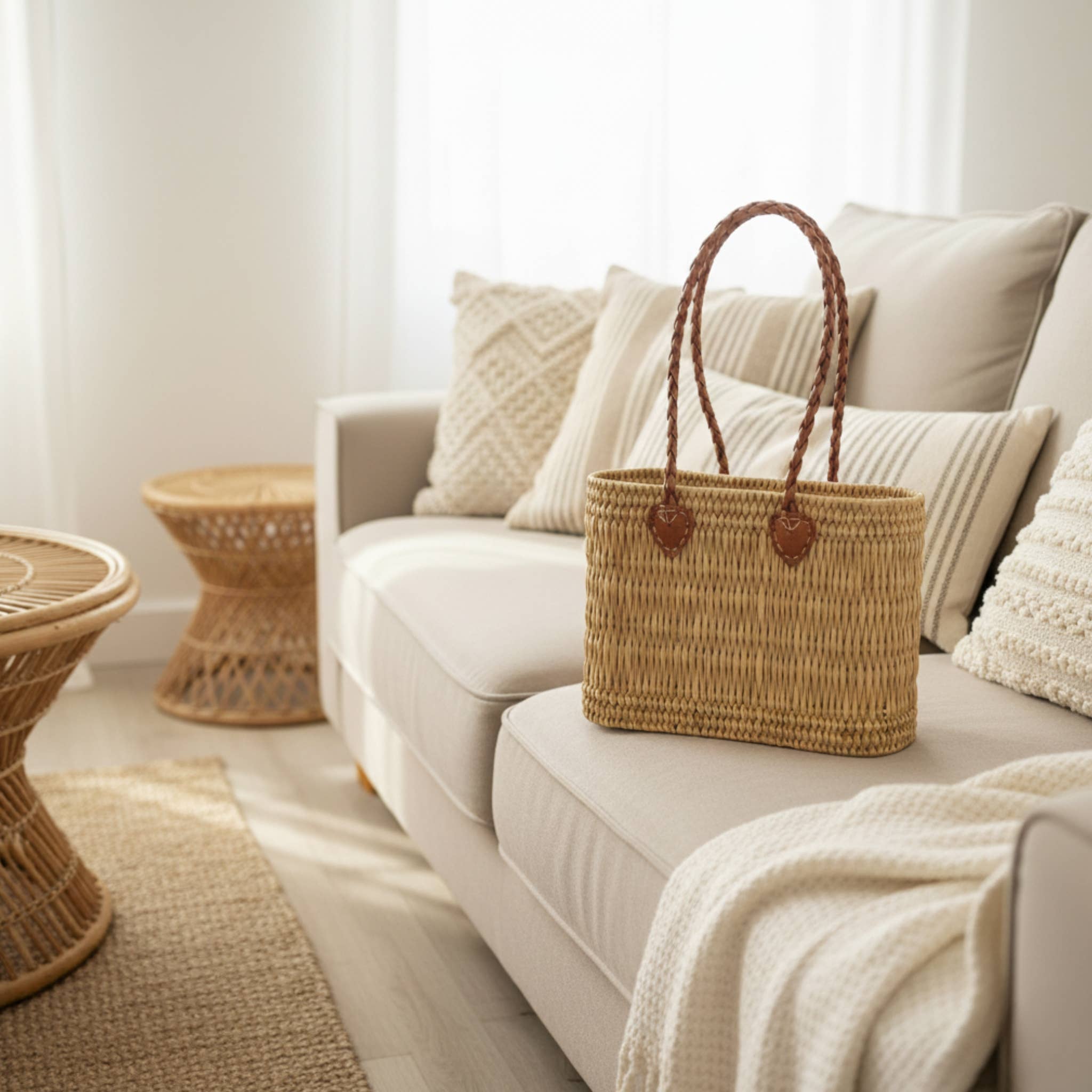 LeBazare - Wholesale Beach Bag - Panier en roseau tissé à la main avec poignées en cuir tressé3