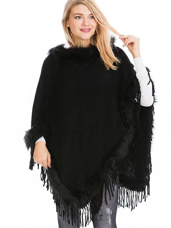 Cap Zone - Wholesale Poncho - Women's - Cable Printed Faux Fur Collar And Trimming Poncho5