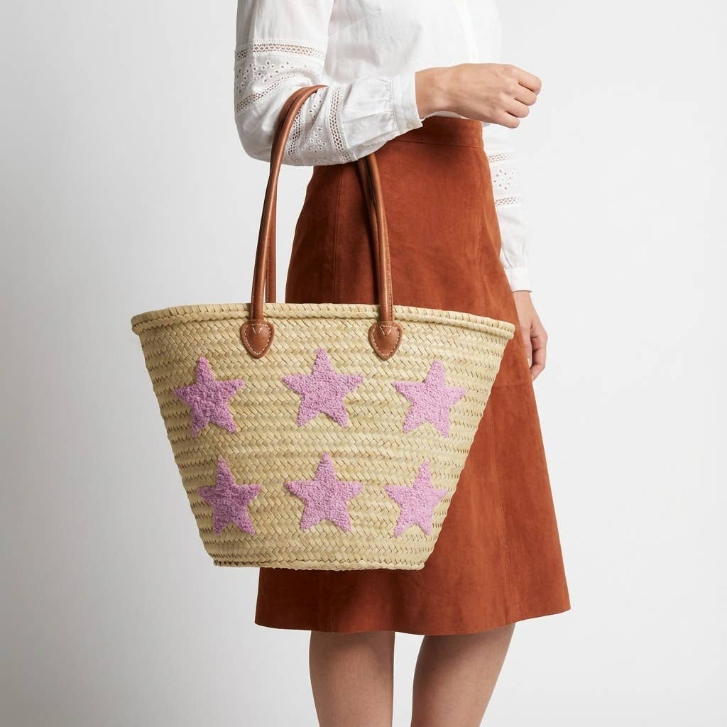 Melecraft – wholesale Strandväska – Rosa Paljettstjärna Stråmarknadskorg - Boho Strandväska4