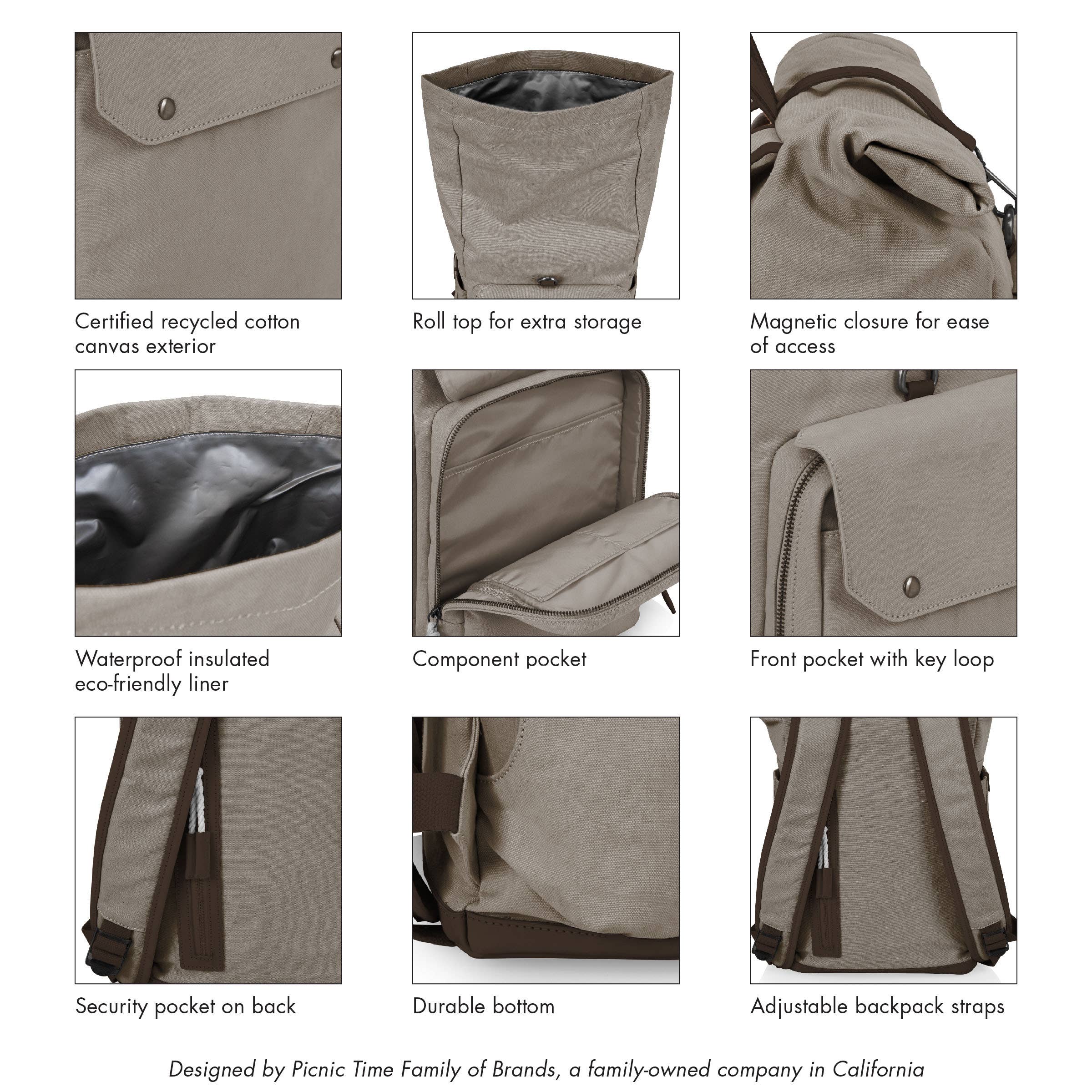 Picnic Time Family of Brands - Wholesale Cooler/Cooler Bag - Carmel Roll Top Picnic Backpack Cooler with Components14