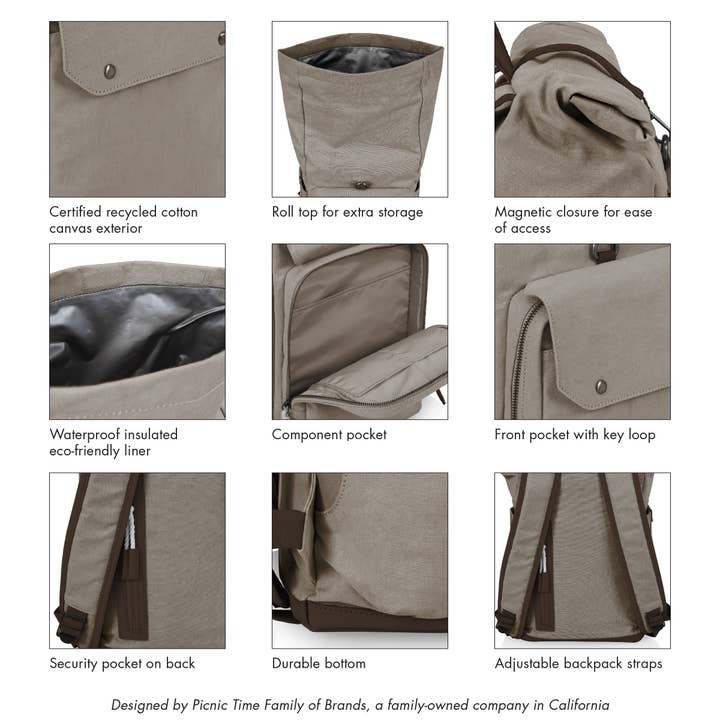 Picnic Time Family of Brands - Wholesale Cooler/Cooler Bag - Carmel Roll Top Picnic Backpack Cooler with Components14