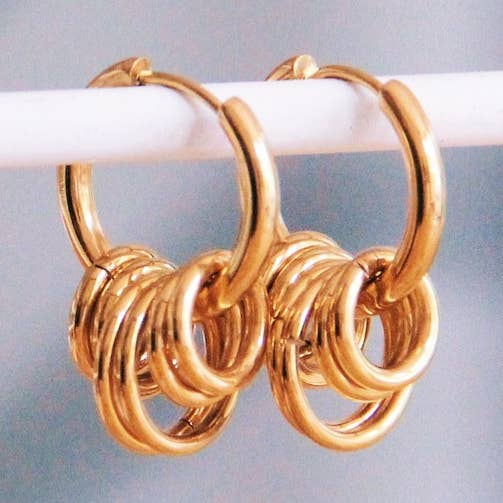 Stainless steel earring with rings - gold for wholesale by Bazou