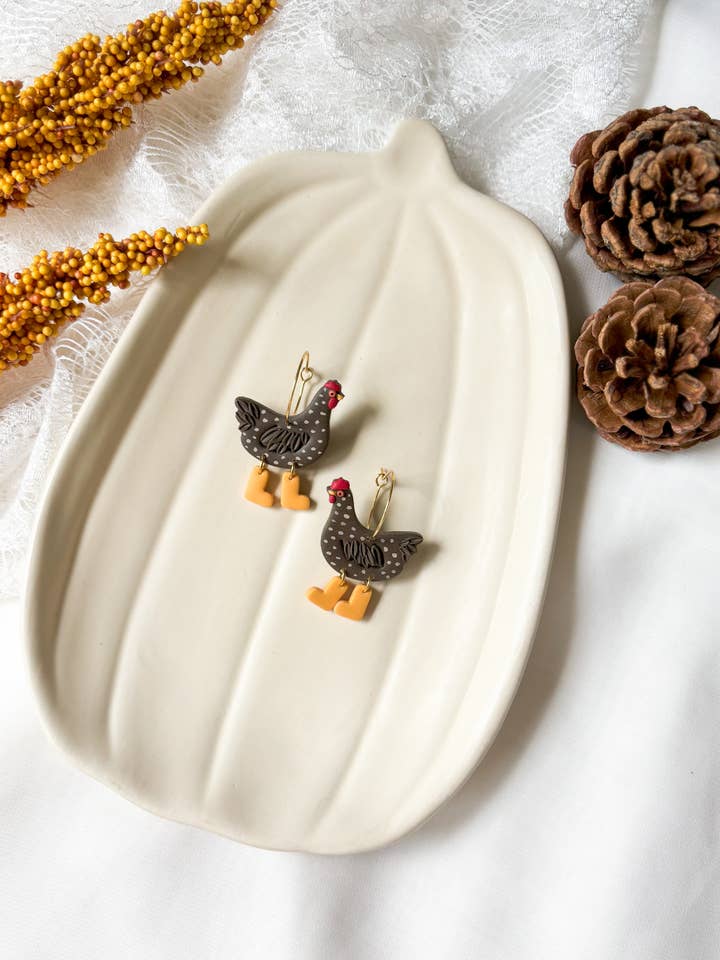 Chicken with Boots Hoops - Handmade Polymer Clay Earrings for wholesale by Autumn Cloud Design