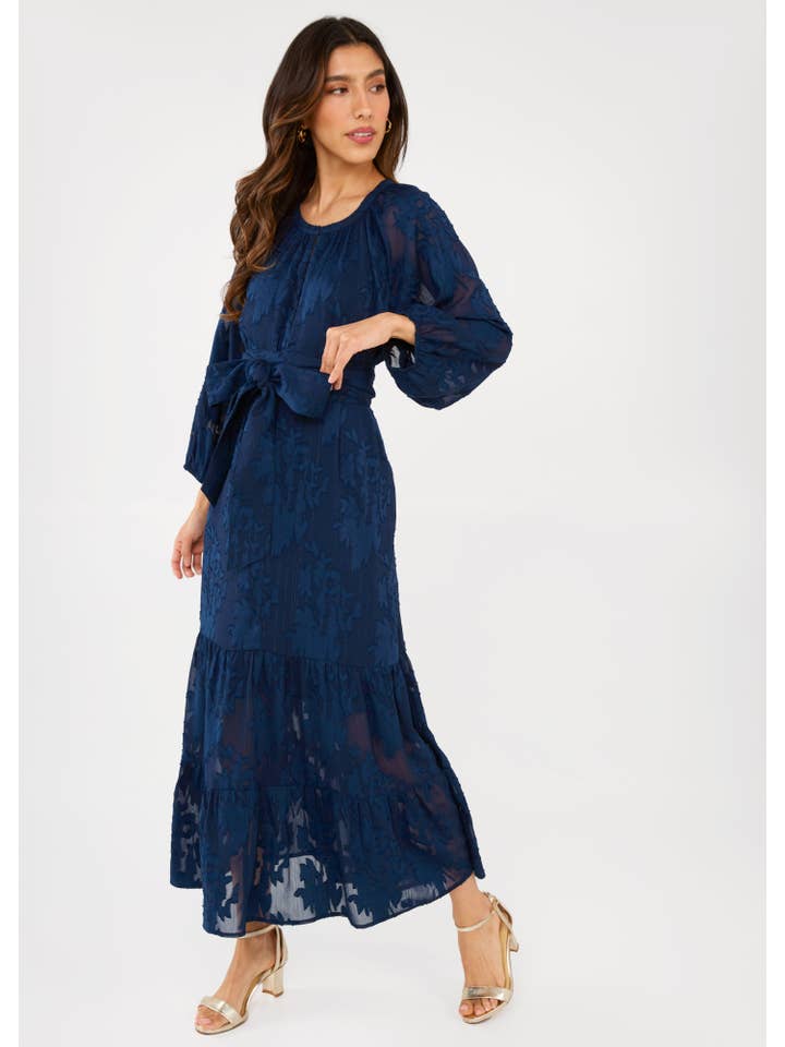 Blue Elise Dress Navy Burnout Chiffon for wholesale on Faire2