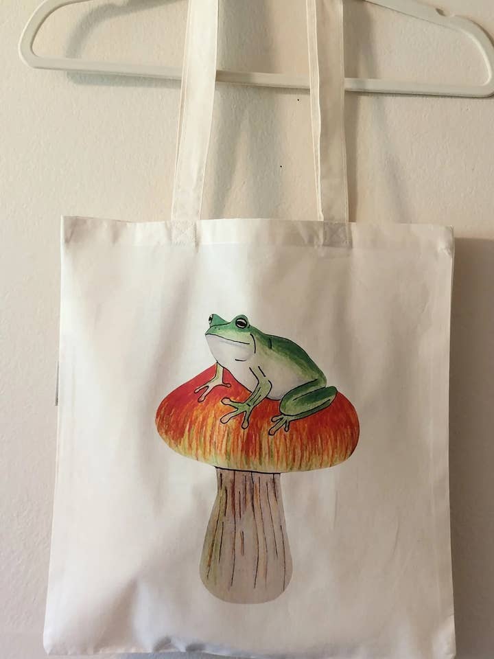 Cottagecore Mushroom Frog Organic Cotton Tote Bag for wholesale by Tarasance