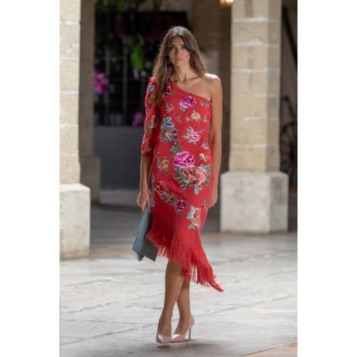 Andalucía Korallenrotes Kleid mit Blumenstickerei von Káhyra für den Großhandel von Káhyra