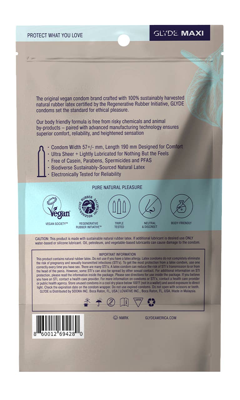 GLYDE & UNION Premium Vegan Condoms - Wholesale Contraceptive/Condom - GLYDE MAXI  Vegan Condoms (Large/XL 57mm) 36-Count1