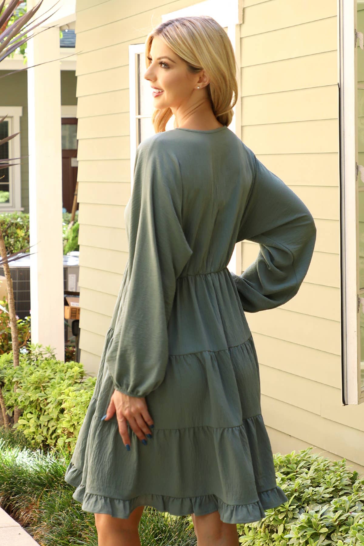 You & Me - Wholesale Dress - Women's - YMD10057V-WOVEN PUFF SLEEVE V-NECK ELASTIC WAIST TIERED17