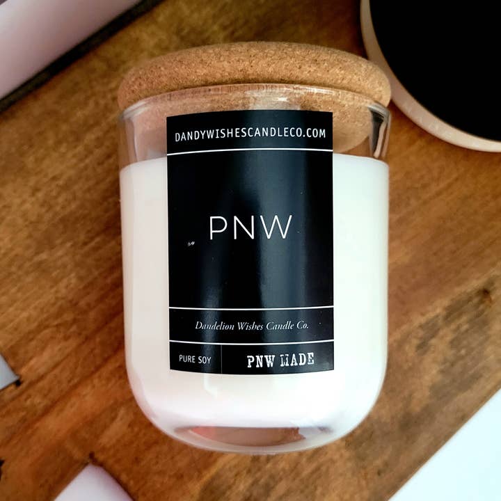 Vela en tarro transparente con etiqueta negra y tapa de corcho para venta al por mayor de Dandelion Wishes Candle Co.